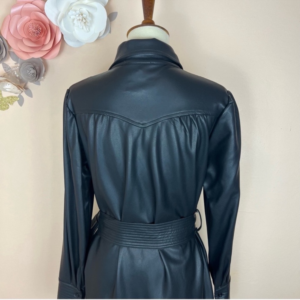 New! GRACIA Puff Sleeve Belted Faux Vegan Leather Trench Coat Midi Dress - Picture 8 of 11